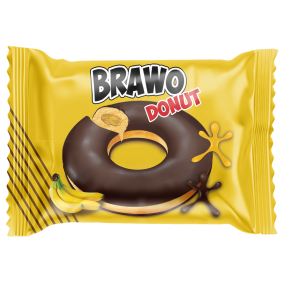 دونات كيك براو مغطى بالشوكولاته مع حشوة بنكهة الموز Donut cake covered with chocolate with banana flavored filling
