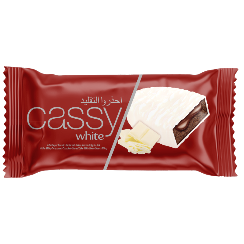 كيك كاسي مغطى بالشوكولاتة البيضاء مع حشوة كريمة الكاكاو Cassy cake covered with white chocolate with cocoa cream filling